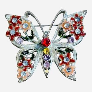 Vintage Colorful Rhinestones Silver Tone Butterfly Brooch